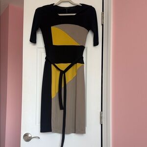 BCBGMaxAzria Black, Yellow & Taupe Colorblock Midi Dress